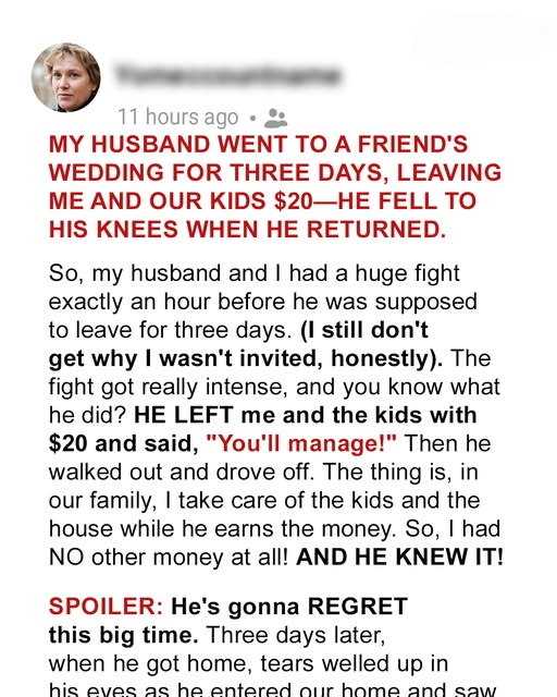HUSBAND WENT TO FRIEND’S WEDDING FOR 3 DAYS, LEAVING ME AND KIDS $20 — HE FELL TO HIS KNEES AFTER WHAT HE SAW UPON RETURNING