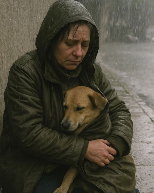 She Sat Quietly in the Rain, Soaked and Shivering, Yet When a Stray Dog Curled Up Beside Her, She Pulled It into Her Coat and Whispered, “You’re Safe Now.”