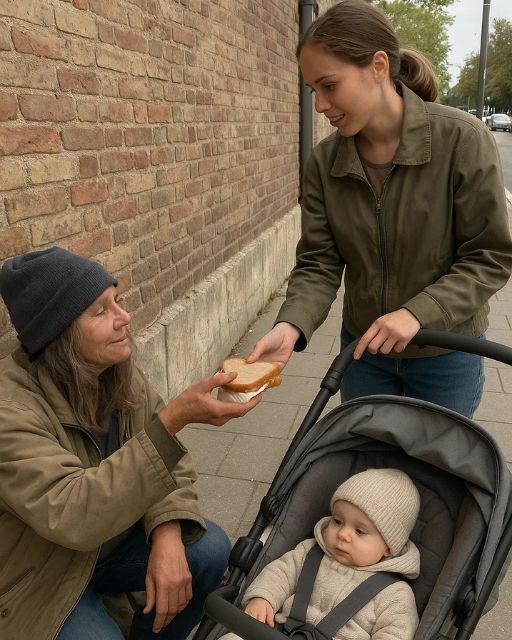 She Hadn’t Had a Full Meal in Days, but When She Saw a Young Mother Struggling, She Handed Her the Sandwich Someone Had Just Given Her