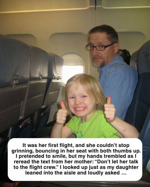 IT WAS HER FIRST FLIGHT, AND SHE COULDN’T STOP GRINNING, BOUNCING IN HER SEAT WITH BOTH THUMBS UP