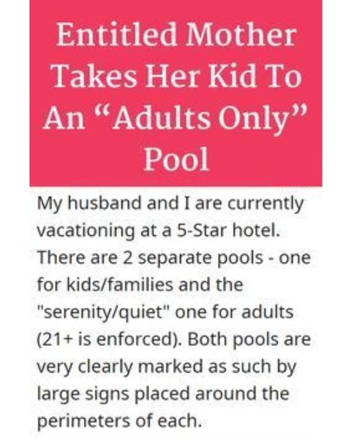 An Entitled Mom Let Her Kid Cannonball Into The Adult-Only Pool—And Then Threw A Fit When Staff Intervened
