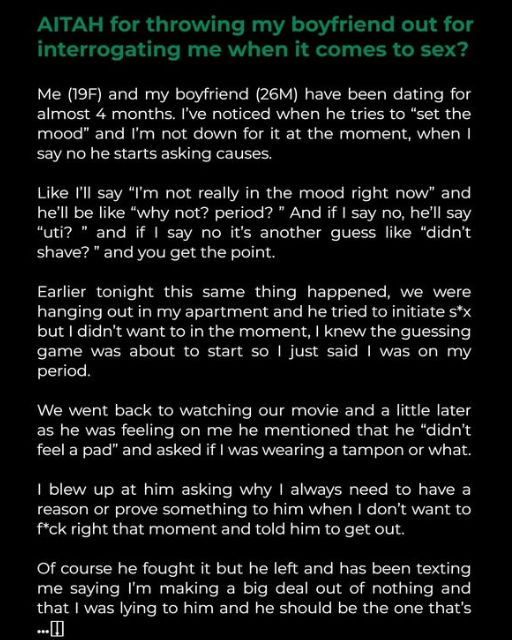 AITAH For Throwing My Boyfriend Out For Interrogating Me When It Comes To Sex?