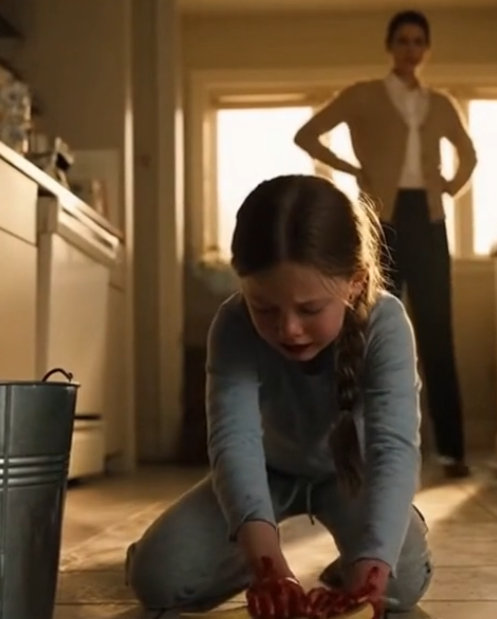 The little girl was forced by her stepmother to do housework