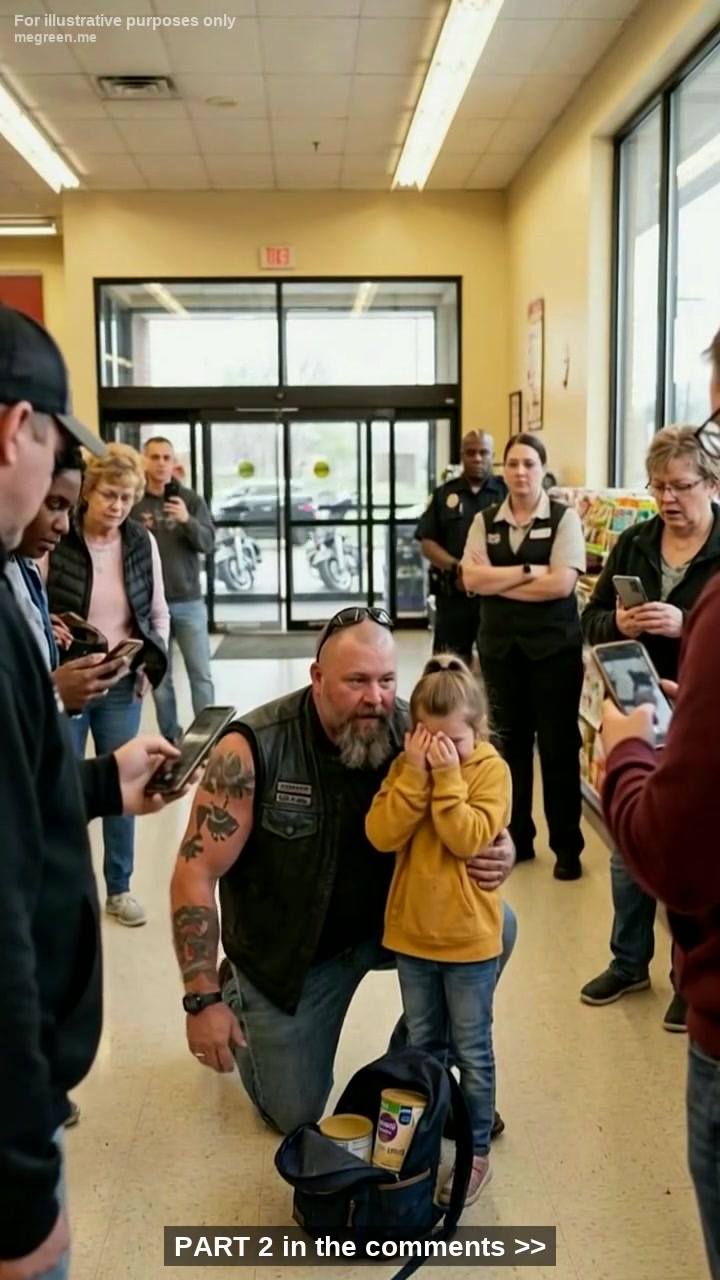 A Nine-Year-Old Girl Was Publicly Accused in a Packed Supermarket and Surrounded by Raised Phones Over Two Cans of Formula – Until a Shaved-Head Biker Quietly Stepped Forward, Knelt Down, Shielded Her from the Cameras, and Changed the Outcome
